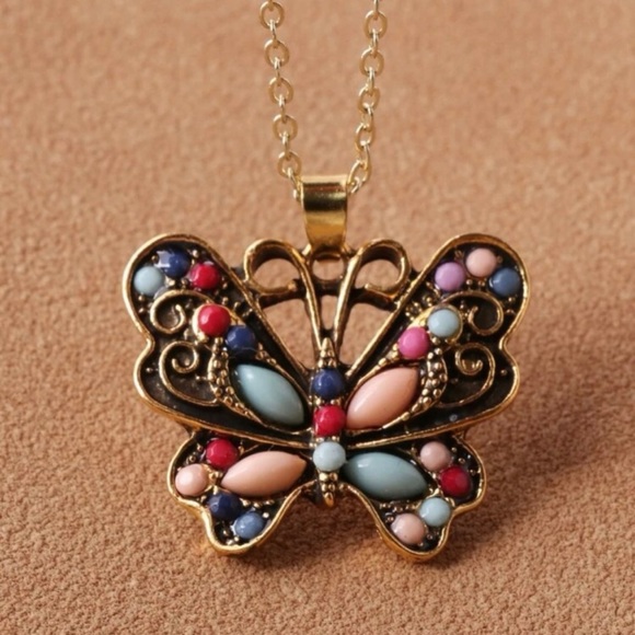 Colorful Gold Tone Butterfly Necklace - Picture 2 of 3
